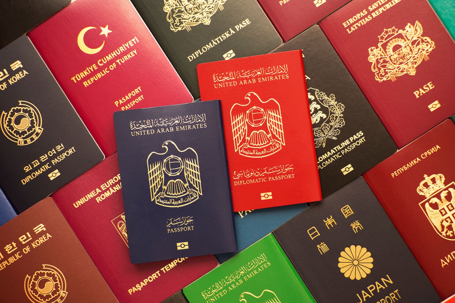 Blue,And,Red,Biometric,Passports,Of,United,Arab,Emirates,On